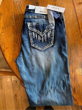 Grace Blue Boot Cut Jeans with Embellished Back Pockets